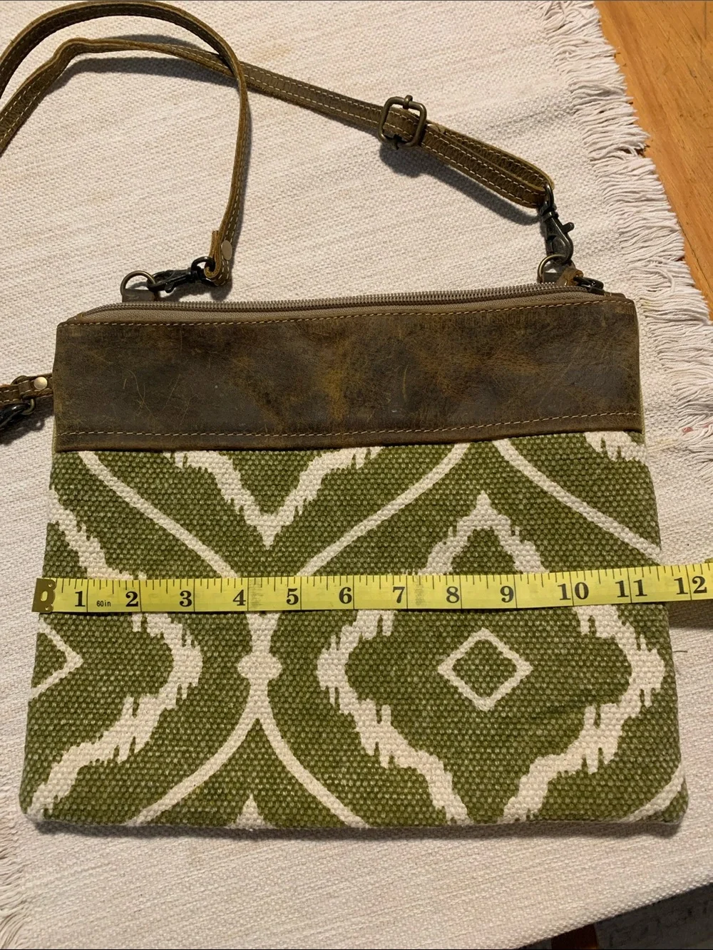 Myra Bag Crossbody purse Olive Green Design w/Brown Leather